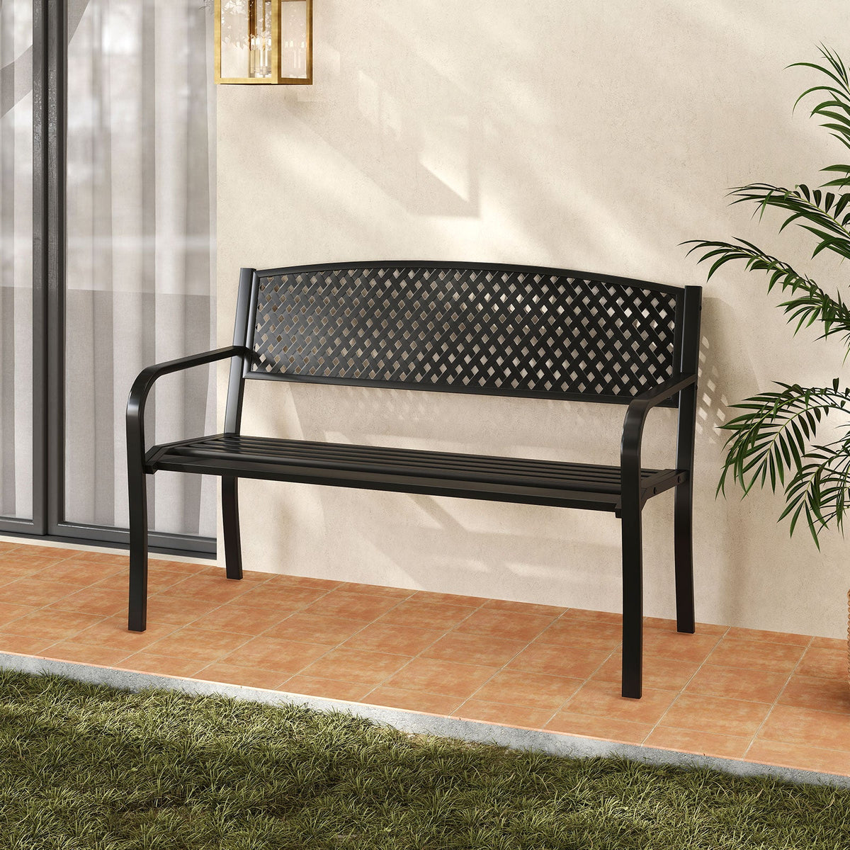 Outdoor Bench with Patterned Backrest and Curved Armrests