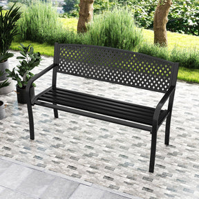 Outdoor Bench with Patterned Backrest and Curved Armrests