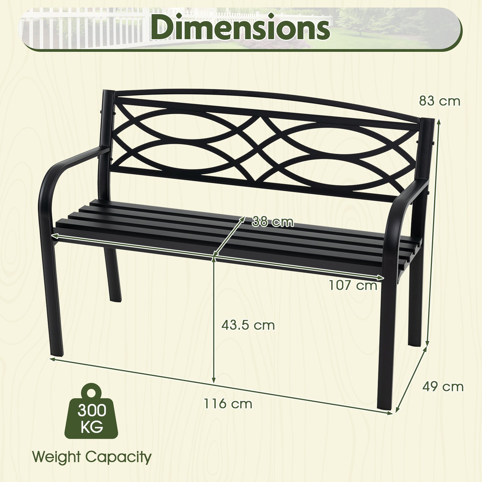 Patio Garden Bench, 116 cm Heavy-Duty Metal Bench with Backrest