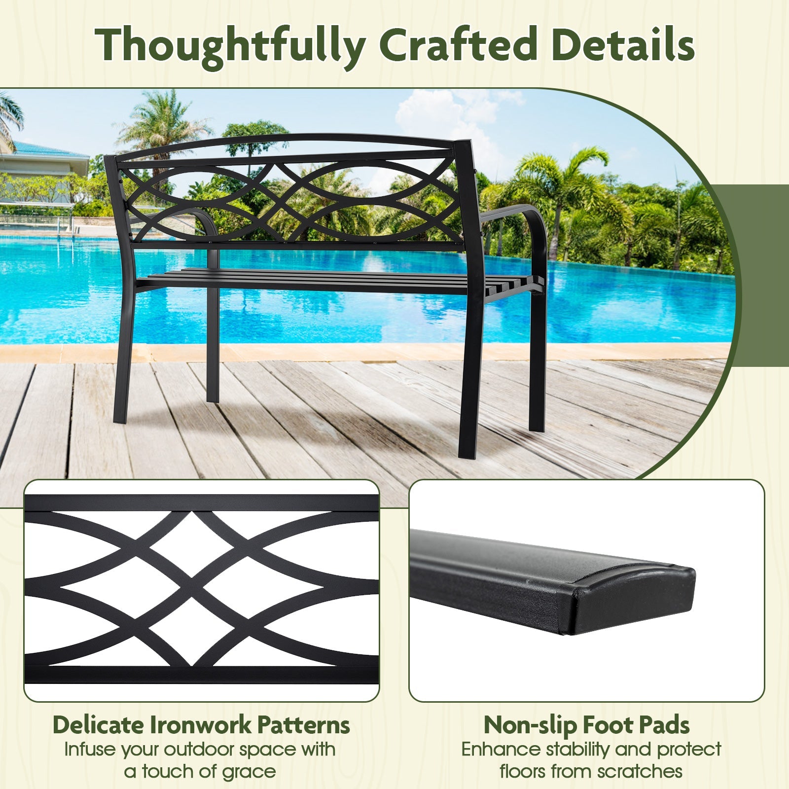 Patio Garden Bench, 116 cm Heavy-Duty Metal Bench with Backrest