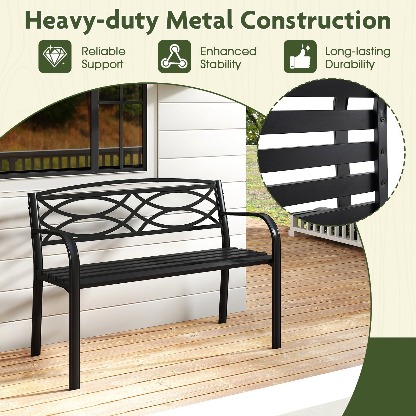 Patio Garden Bench, 116 cm Heavy-Duty Metal Bench with Backrest