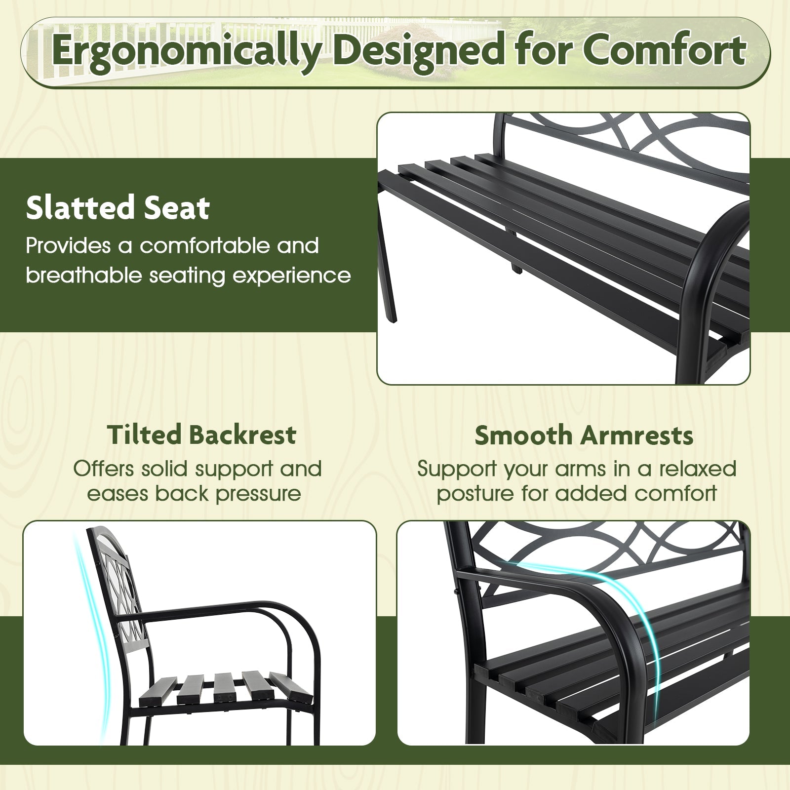Patio Garden Bench, 116 cm Heavy-Duty Metal Bench with Backrest