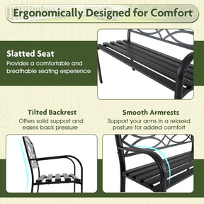 Patio Garden Bench, 116 cm Heavy-Duty Metal Bench with Backrest