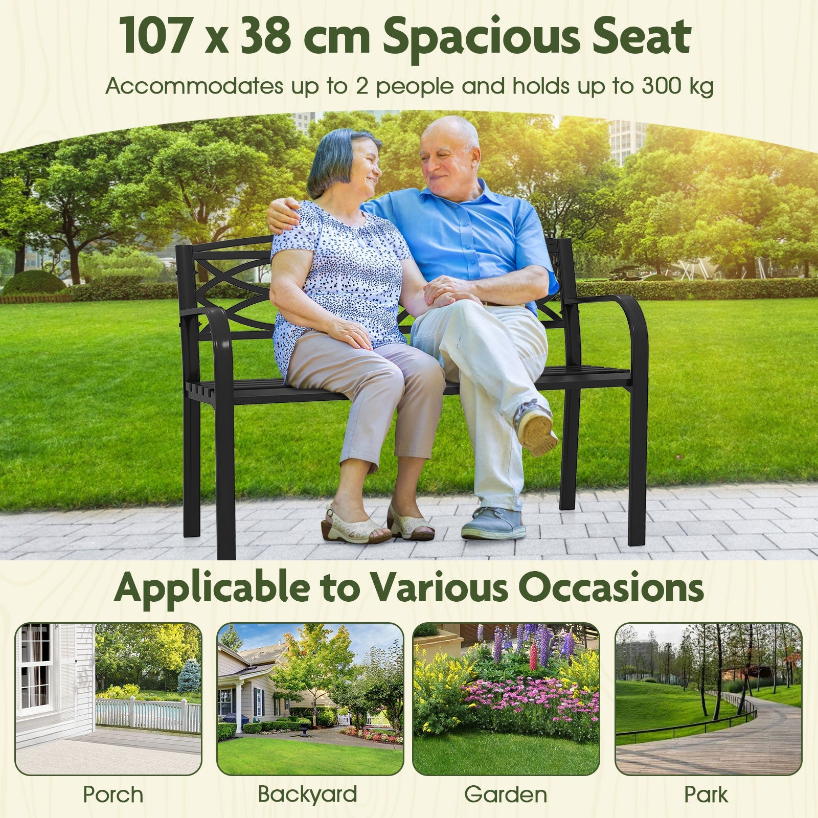 Patio Garden Bench, 116 cm Heavy-Duty Metal Bench with Backrest