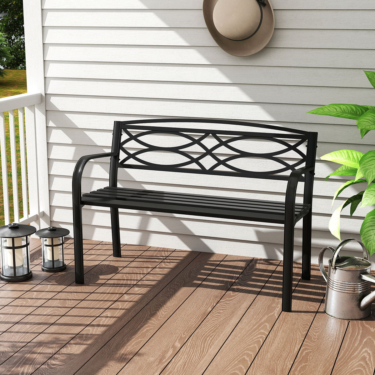 Patio Garden Bench, 116 cm Heavy-Duty Metal Bench with Backrest