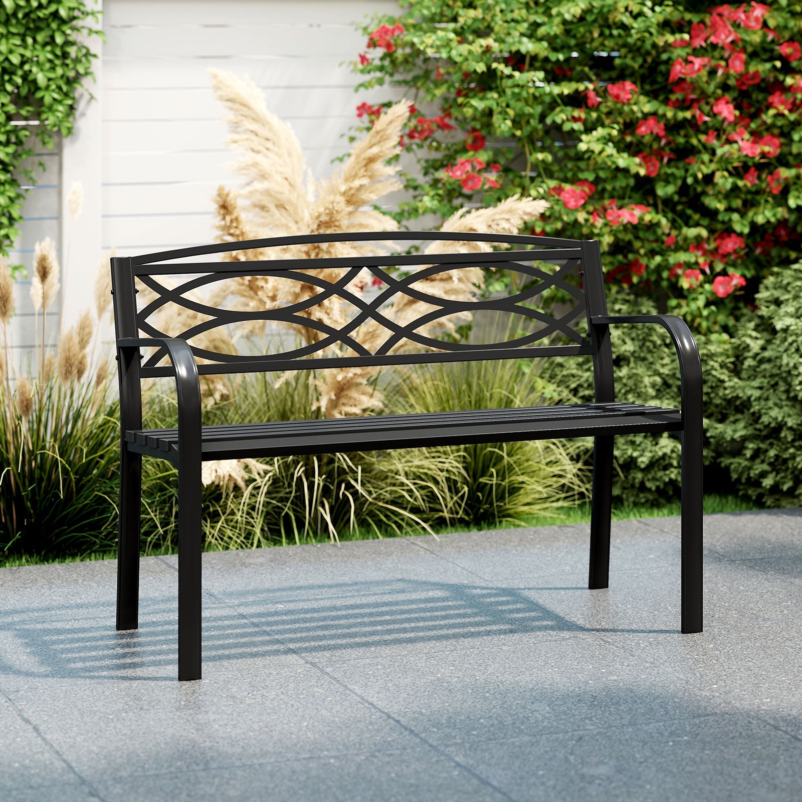 Patio Garden Bench, 116 cm Heavy-Duty Metal Bench with Backrest