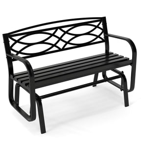 Patio Rocking Loveseat Chair with Metal Frame, Armrests, Geometric Backrest and Slatted Seat for Porch