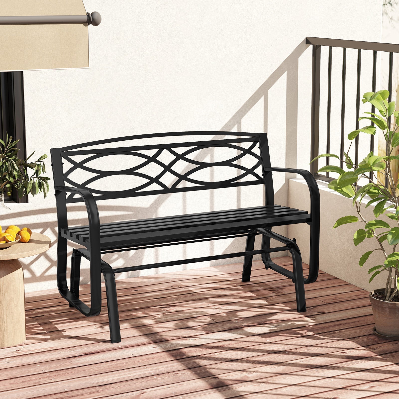 Patio Rocking Loveseat Chair with Metal Frame, Armrests, Geometric Backrest and Slatted Seat for Porch