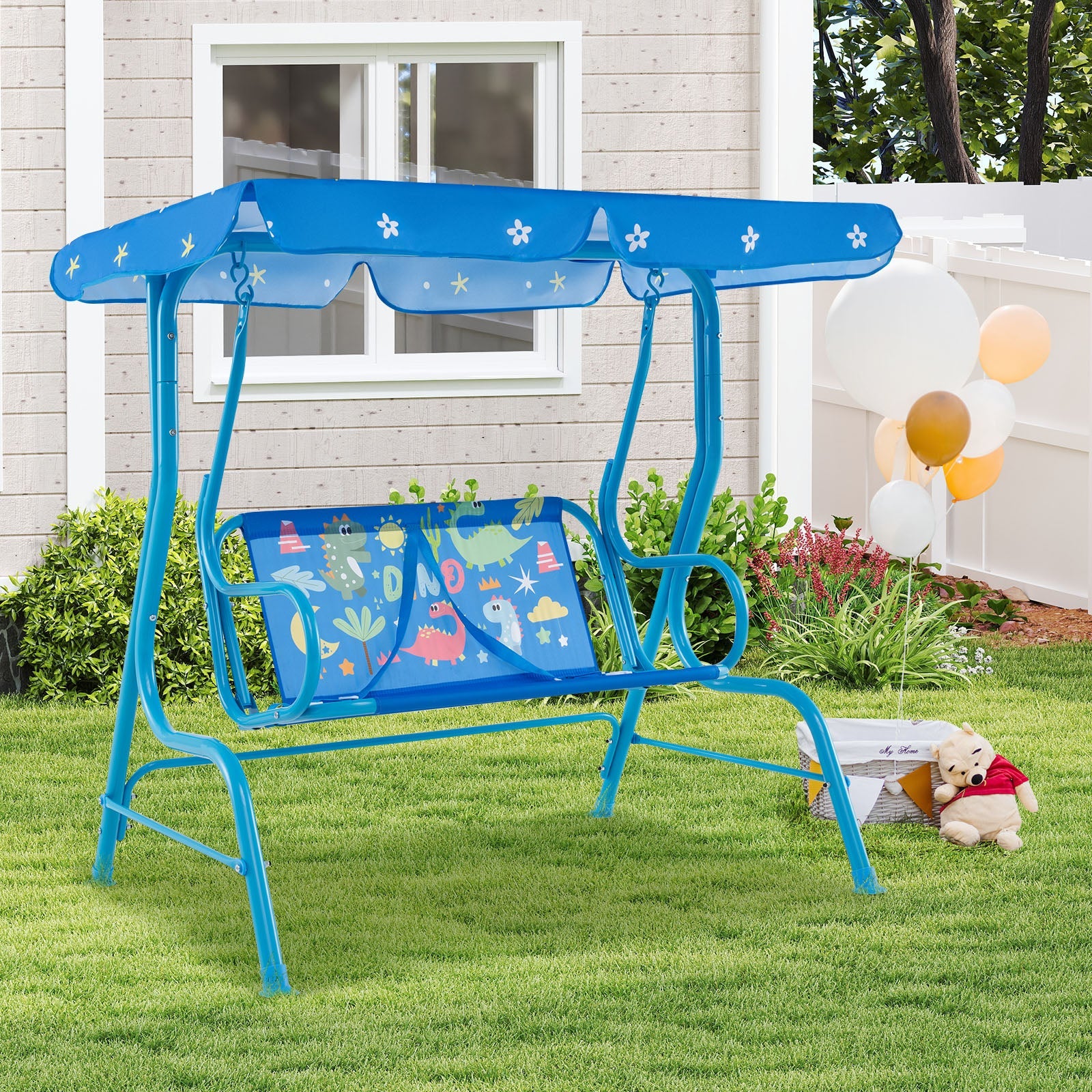 2-Seater Kids Porch Swing, Hanging Patio Swing Bench with Adjustable Tilt Canopy