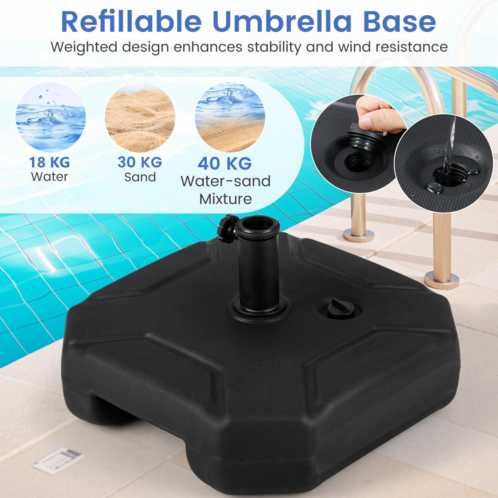 44 cm Fillable Umbrella Base with Handle for 38 mm and 48 mm Umbrella Poles