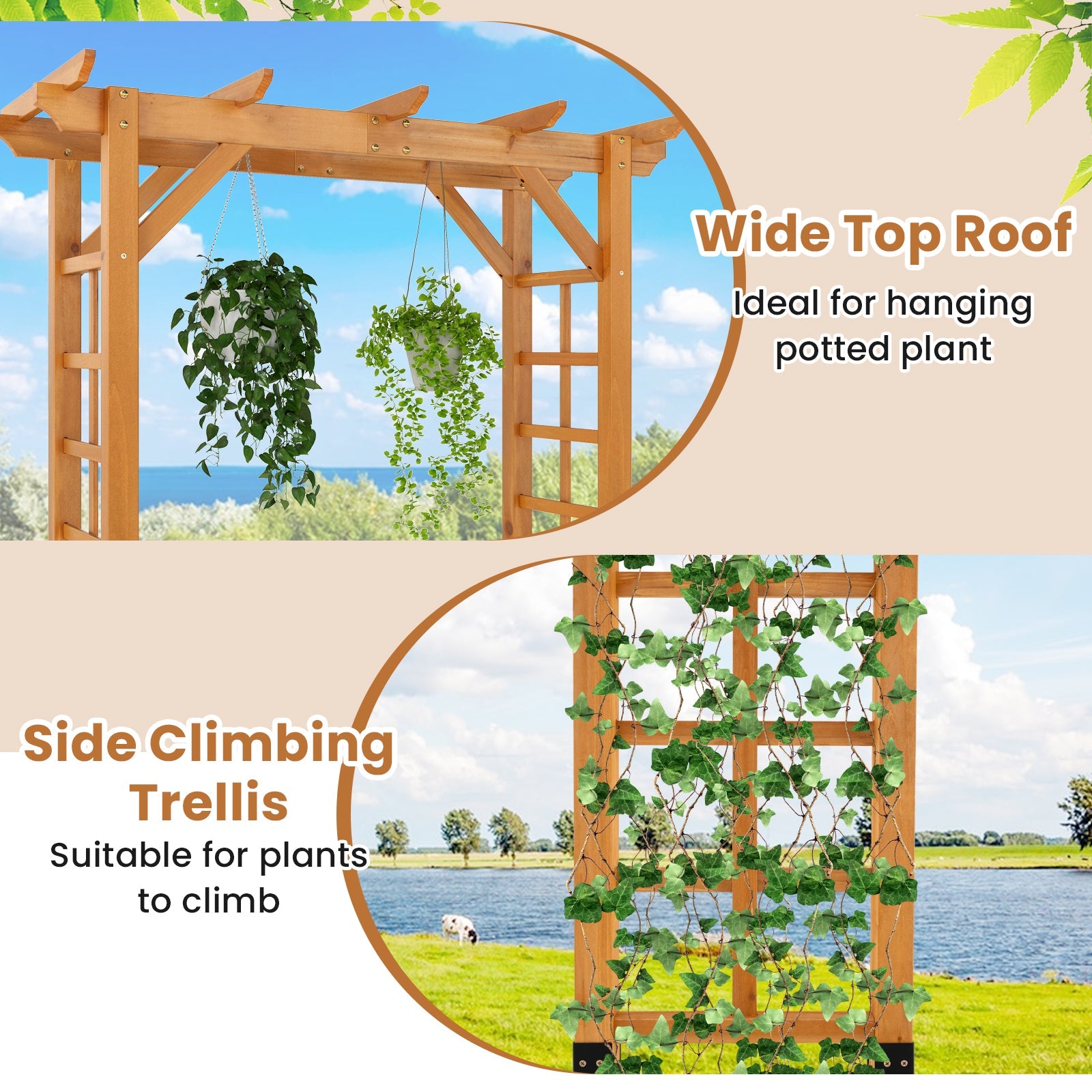 215 cm Garden Arch Wooden Arbor, Outdoor Wood Trellis for Climbing Plants