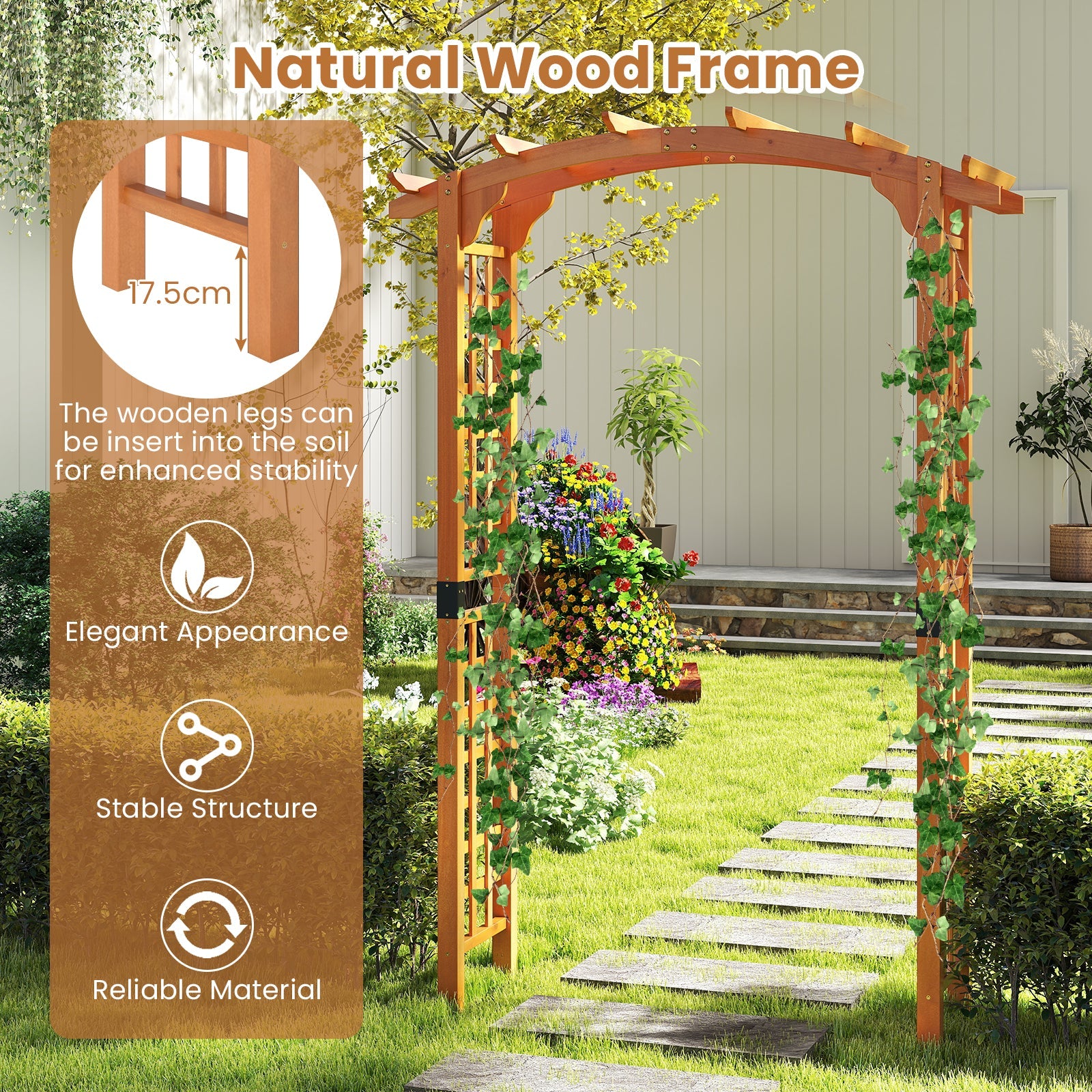 229 cm Garden Arch Wooden Arbor, Outdoor Wood Trellis for Climbing Plants