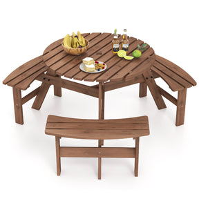 Round Picnic Table Set Patio Dining Camping Table w/ Built-in 3 Benches