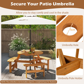 Round Picnic Table Set Patio Dining Camping Table w/ Built-in 3 Benches