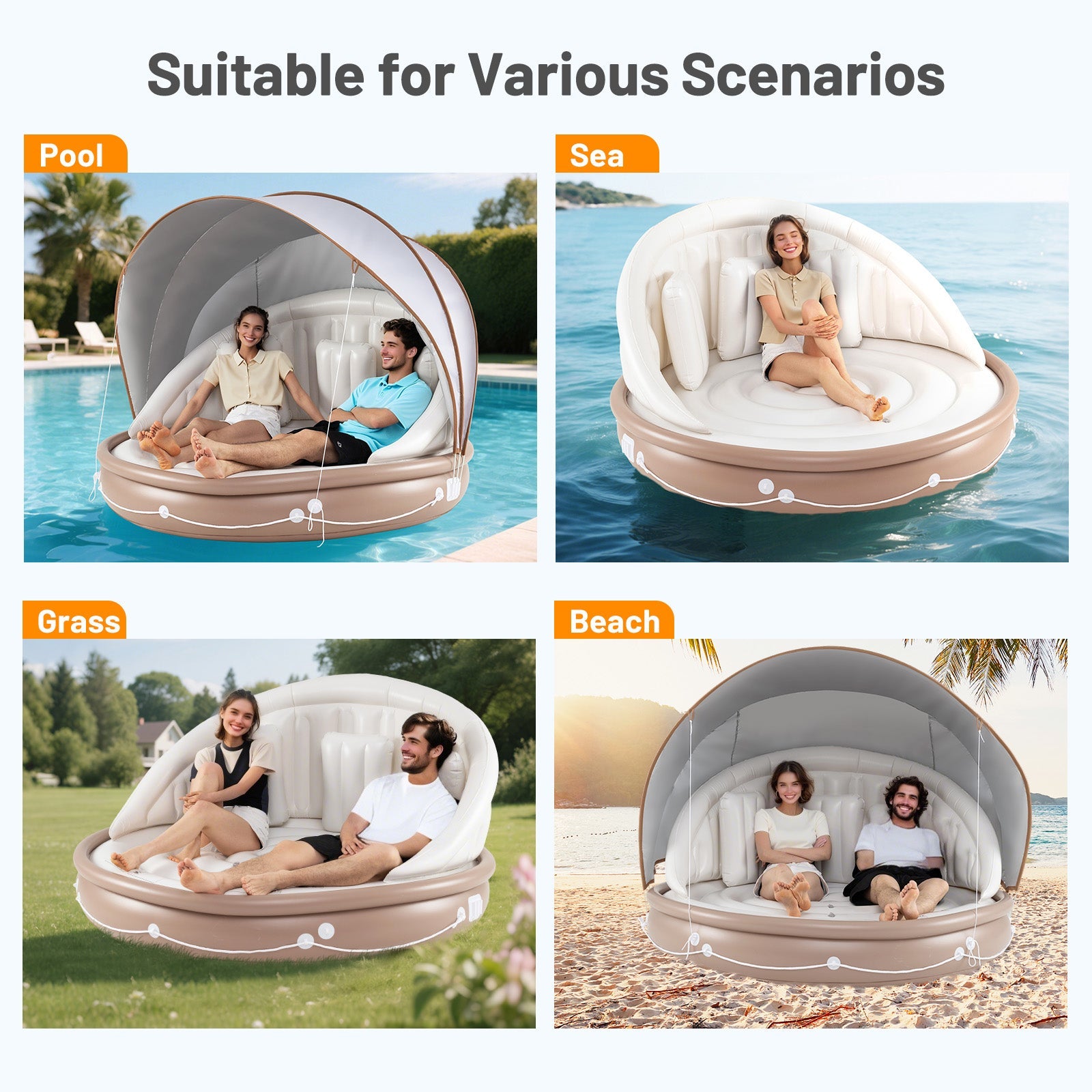 Inflatable Canopy Island, Tanning Pool Lounger Float w/Retractable & Removable Canopy