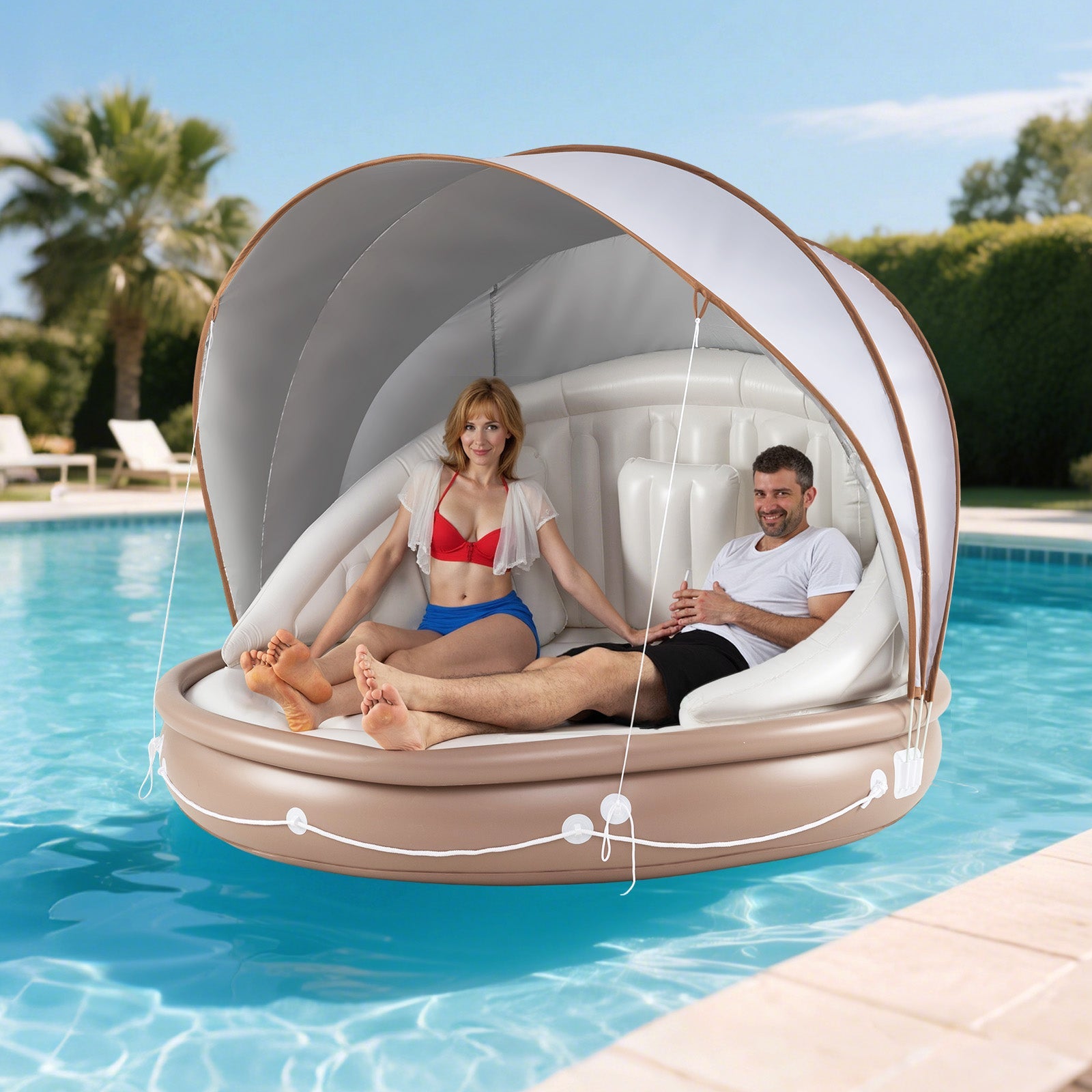 Inflatable Canopy Island, Tanning Pool Lounger Float w/Retractable & Removable Canopy