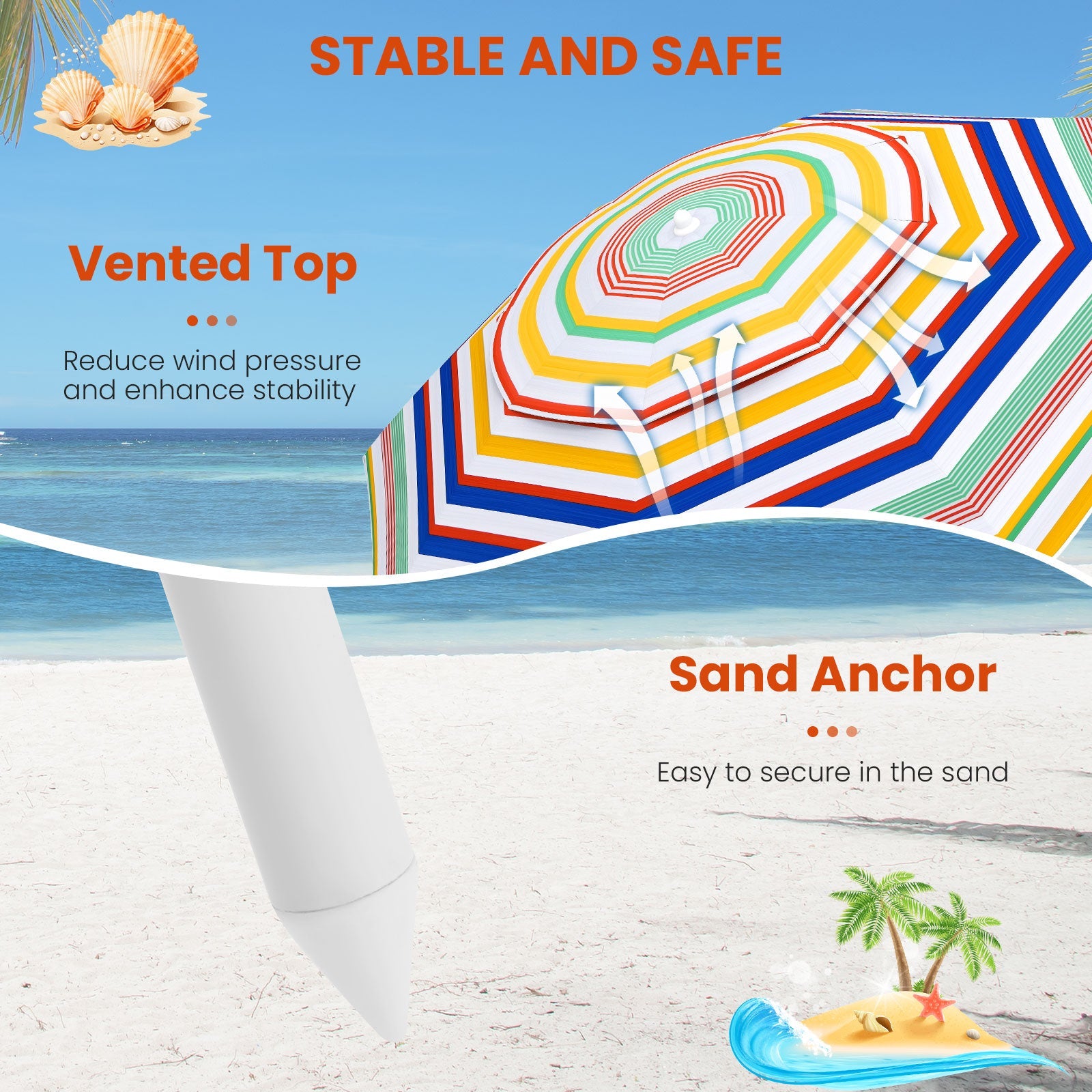 2m Beach Umbrella, UPF50+ Sun Protection Portable Outdoor Sunshade Parasol