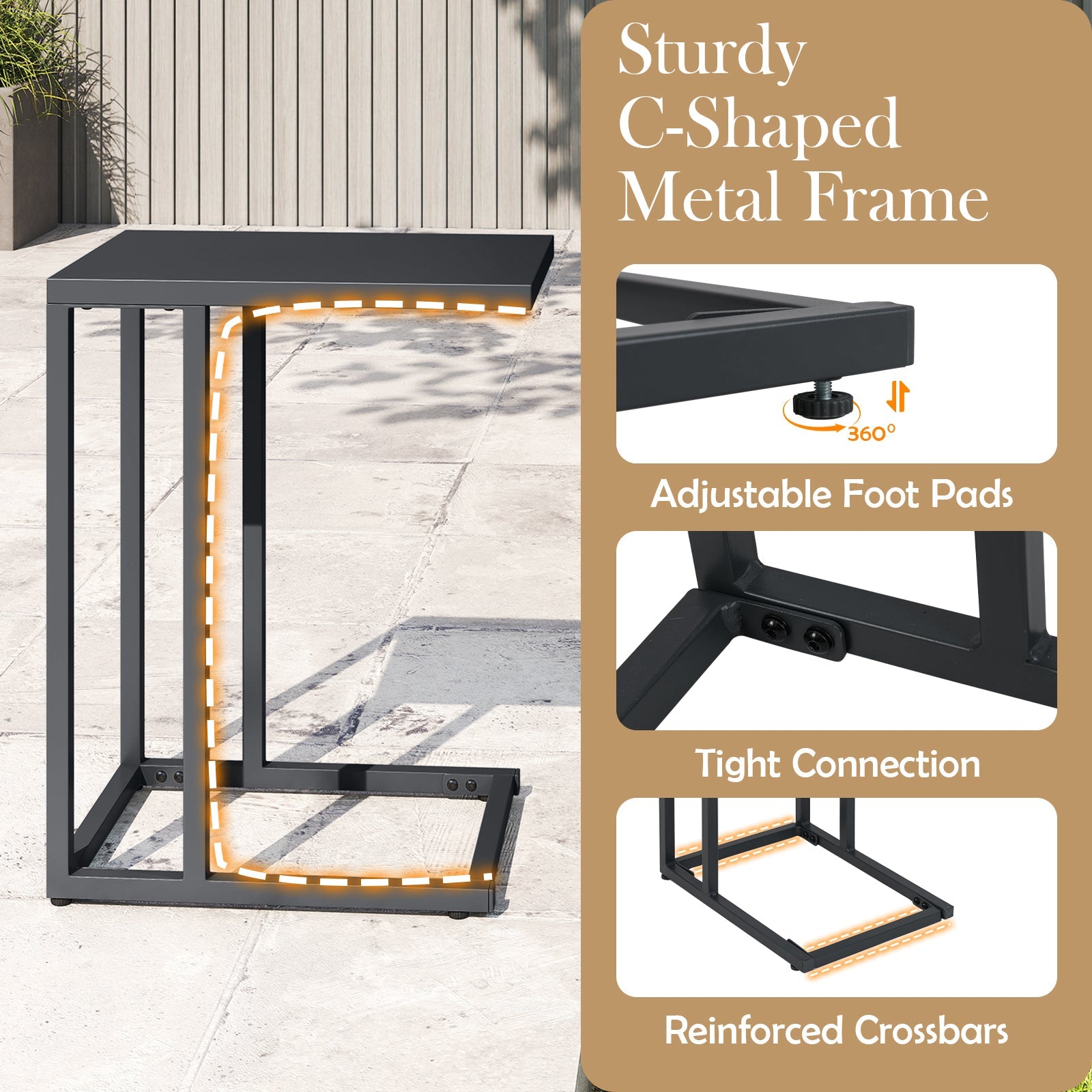 C-Shaped Side Table, Modern Industrial Metal End Table with Adjustable Foot Pads