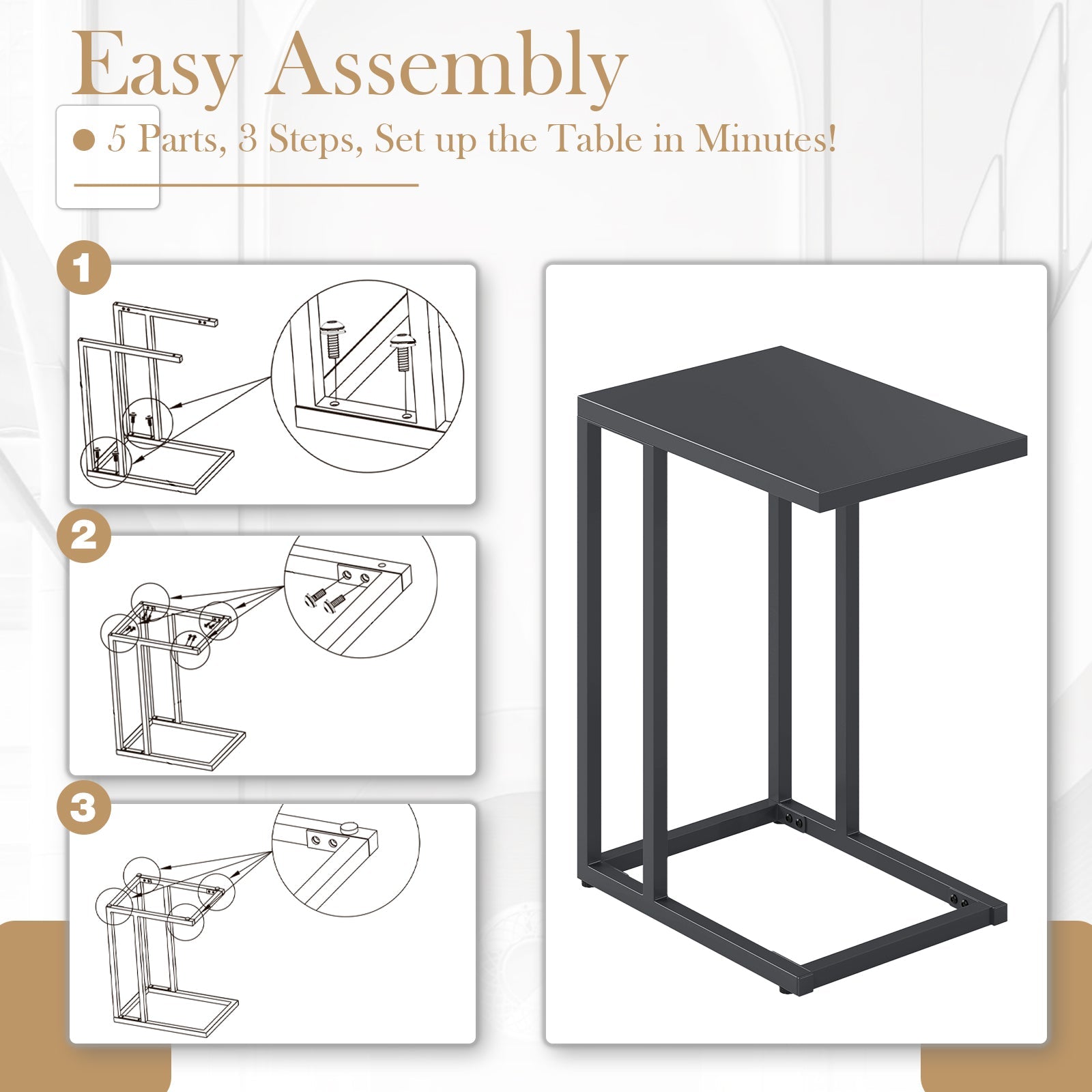 C-Shaped Side Table, Modern Industrial Metal End Table with Adjustable Foot Pads