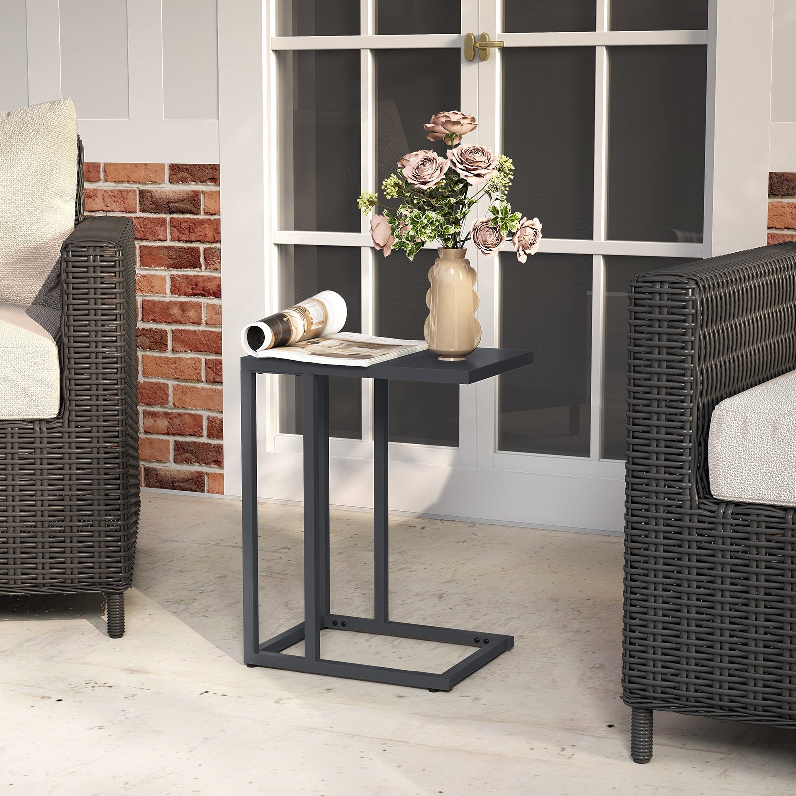 C-Shaped Side Table, Modern Industrial Metal End Table with Adjustable Foot Pads