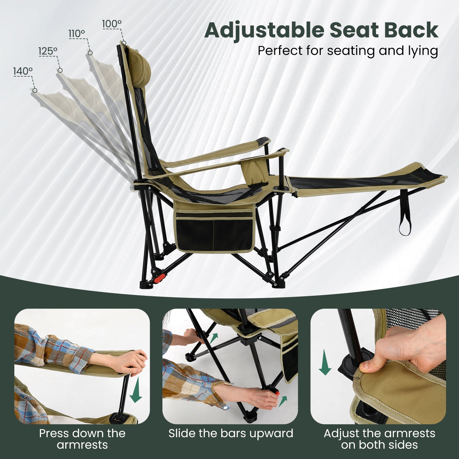 2 in 1 Folding Camping Lounge Chair with Detachable Footrest for Fishing Picnics