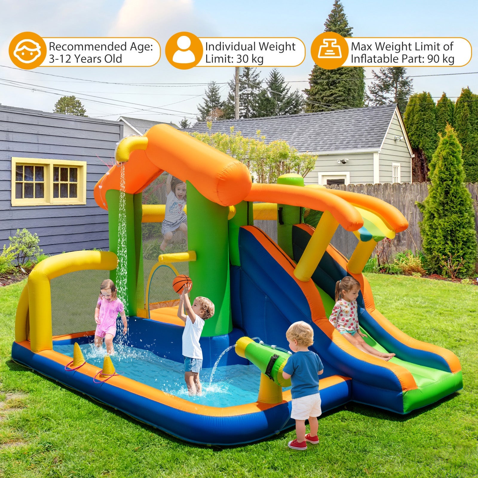 Inflatable Bounce House, 8-In-1 Multifunctional Water Park with Slide