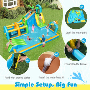 Inflatable Water Slide, Tropical Theme Dual Slide Aqua Park with Splash Pool