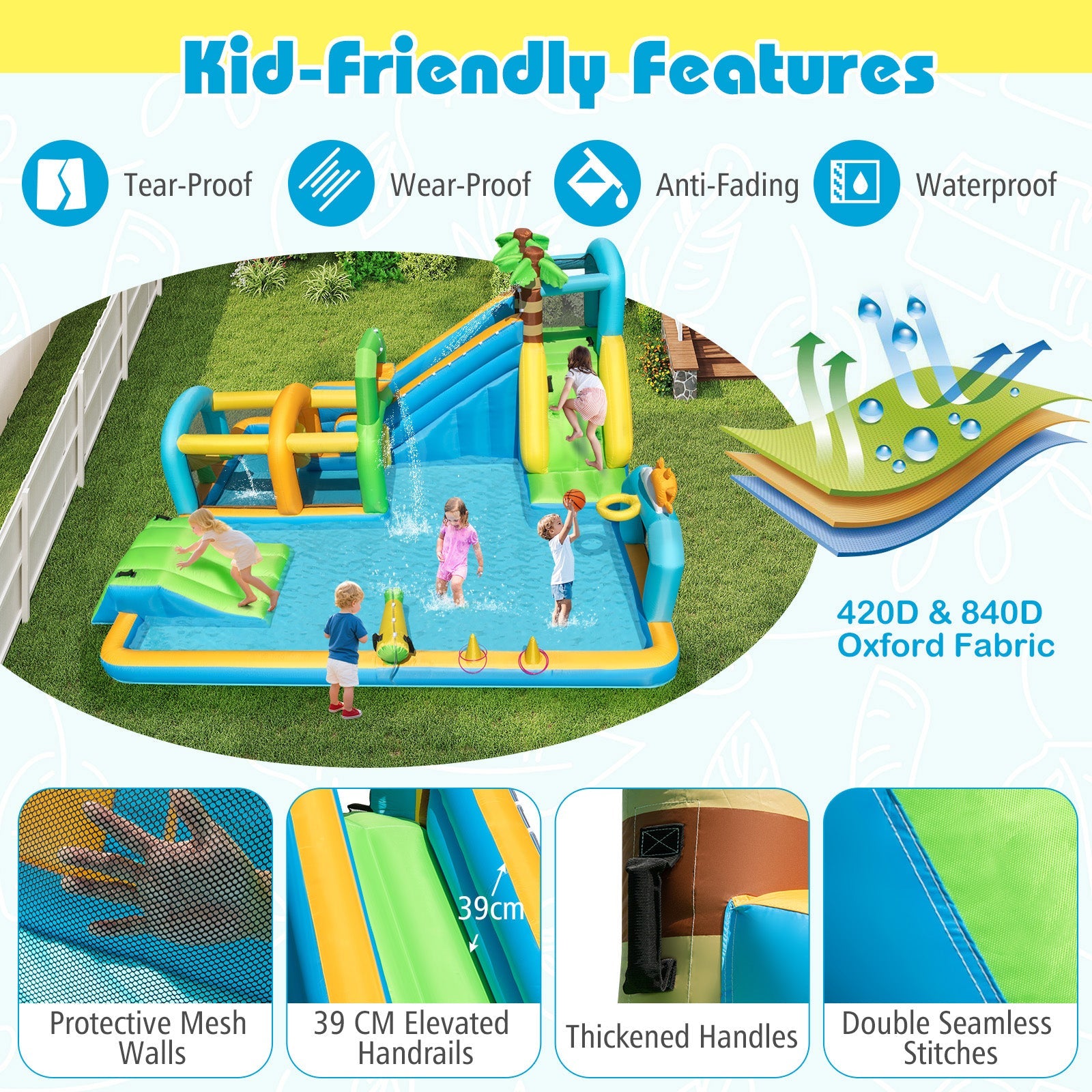Inflatable Water Slide, Tropical Theme Dual Slide Aqua Park with Splash Pool