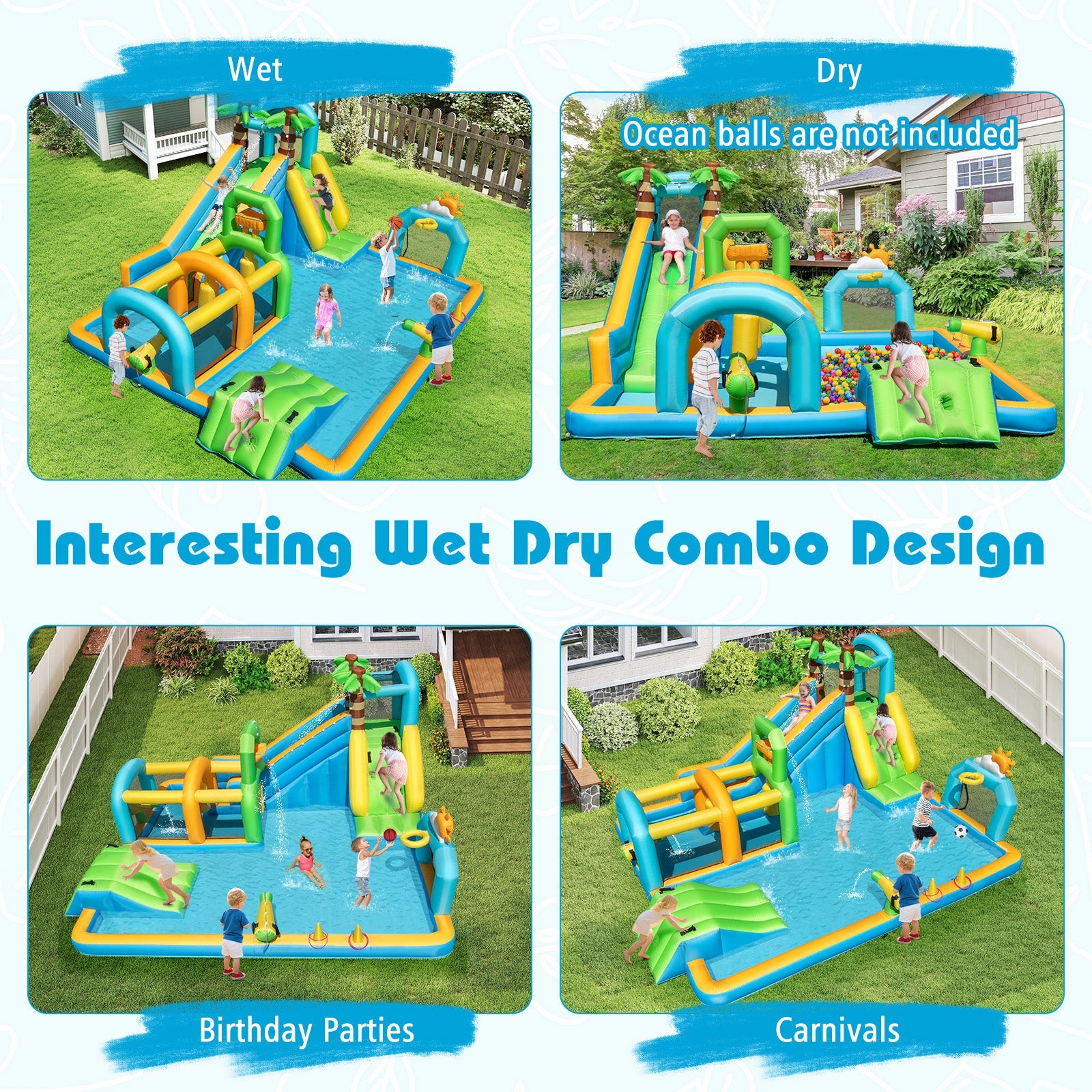 Inflatable Water Slide, Tropical Theme Dual Slide Aqua Park with Splash Pool