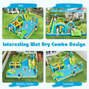 Inflatable Water Slide, Tropical Theme Dual Slide Aqua Park with Splash Pool