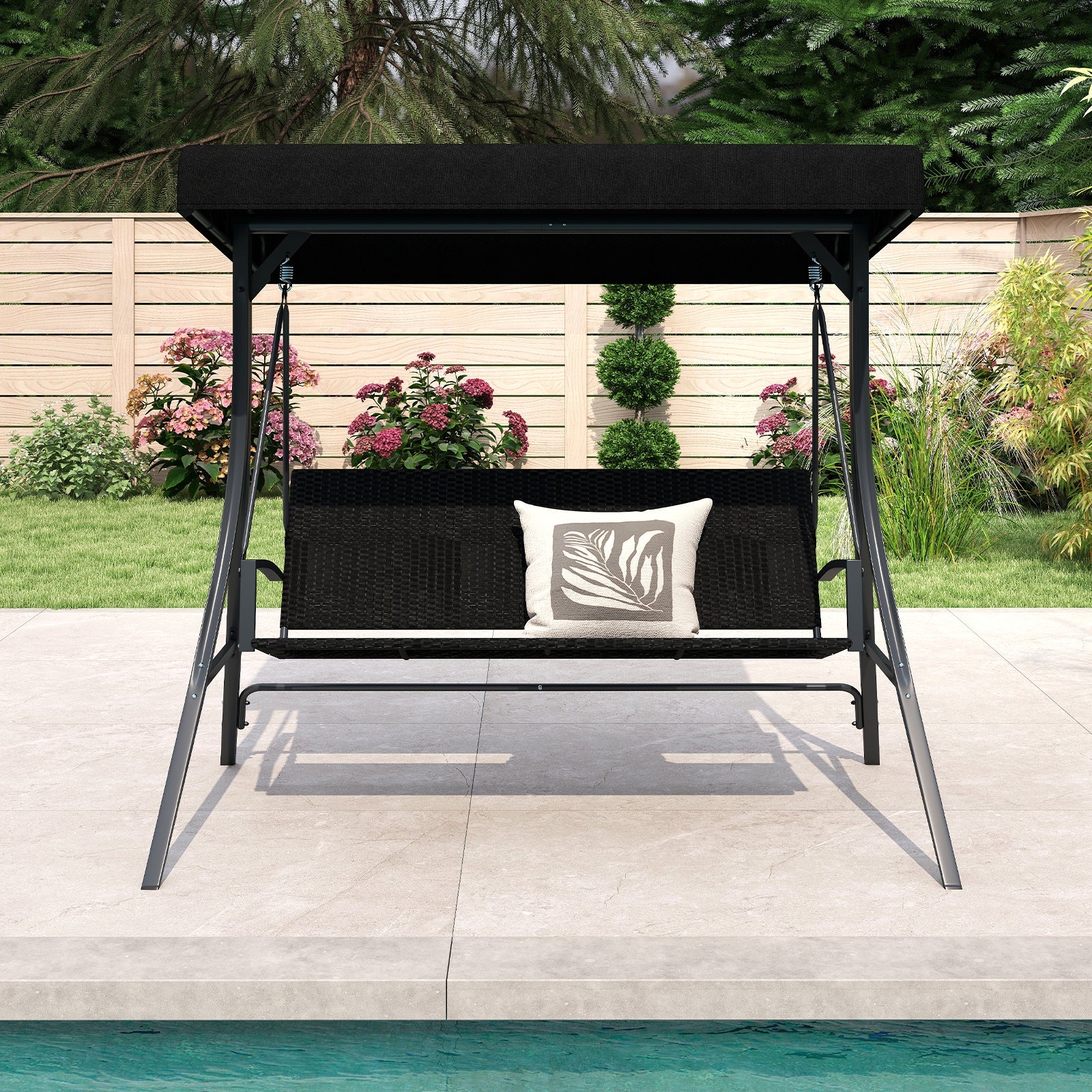 3-Person Porch Swing with Stand, Outdoor Canopy Swing w/ Rattan Seat Back