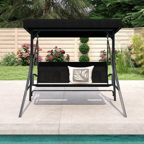 3-Person Porch Swing with Stand, Outdoor Canopy Swing w/ Rattan Seat Back