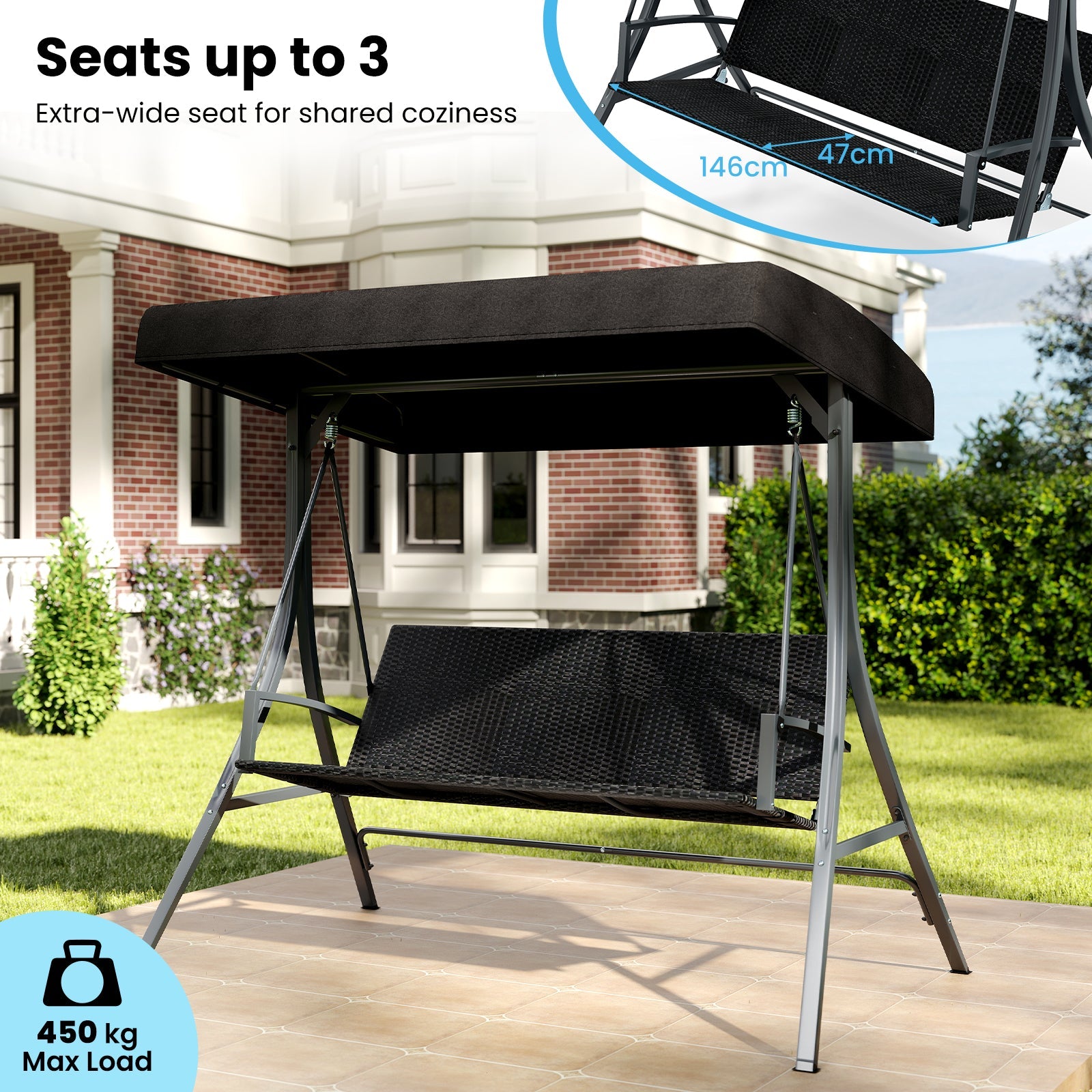 3-Person Porch Swing with Stand, Outdoor Canopy Swing w/ Rattan Seat Back