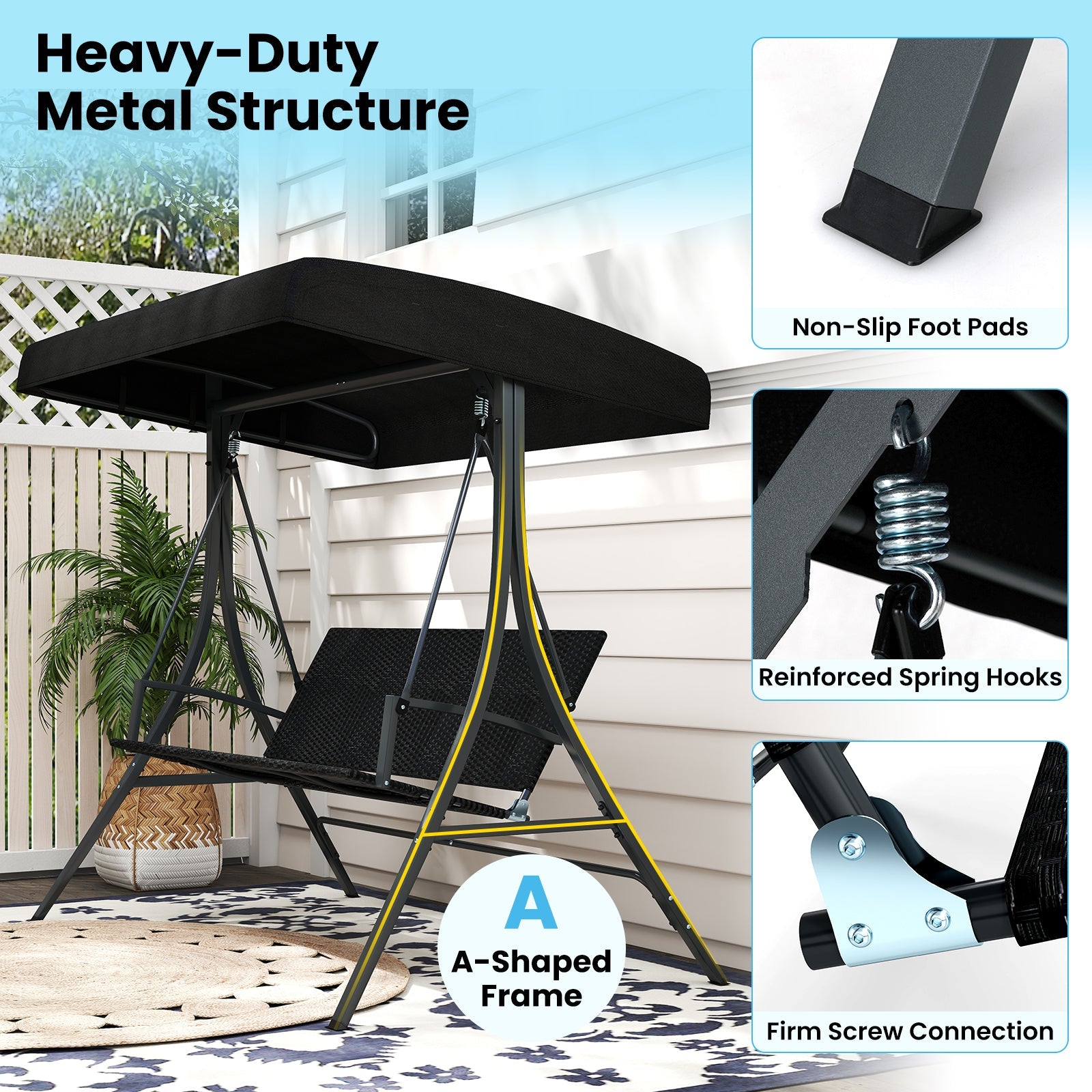 3-Person Porch Swing with Stand, Outdoor Canopy Swing w/ Rattan Seat Back