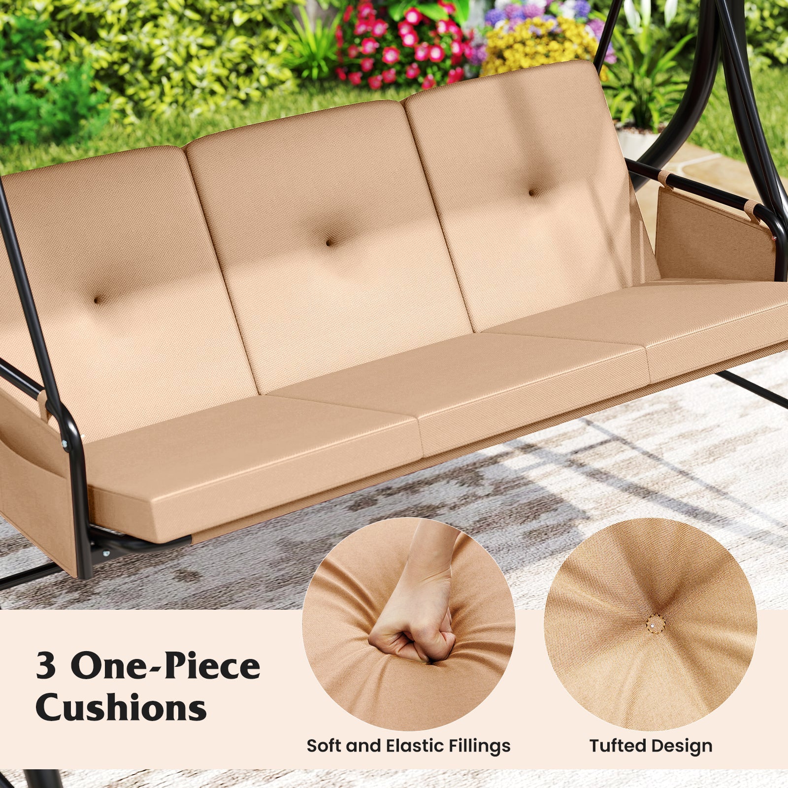 3-Seat Patio Swing with Canopy, 2-in-1 Convertible Glider Bed