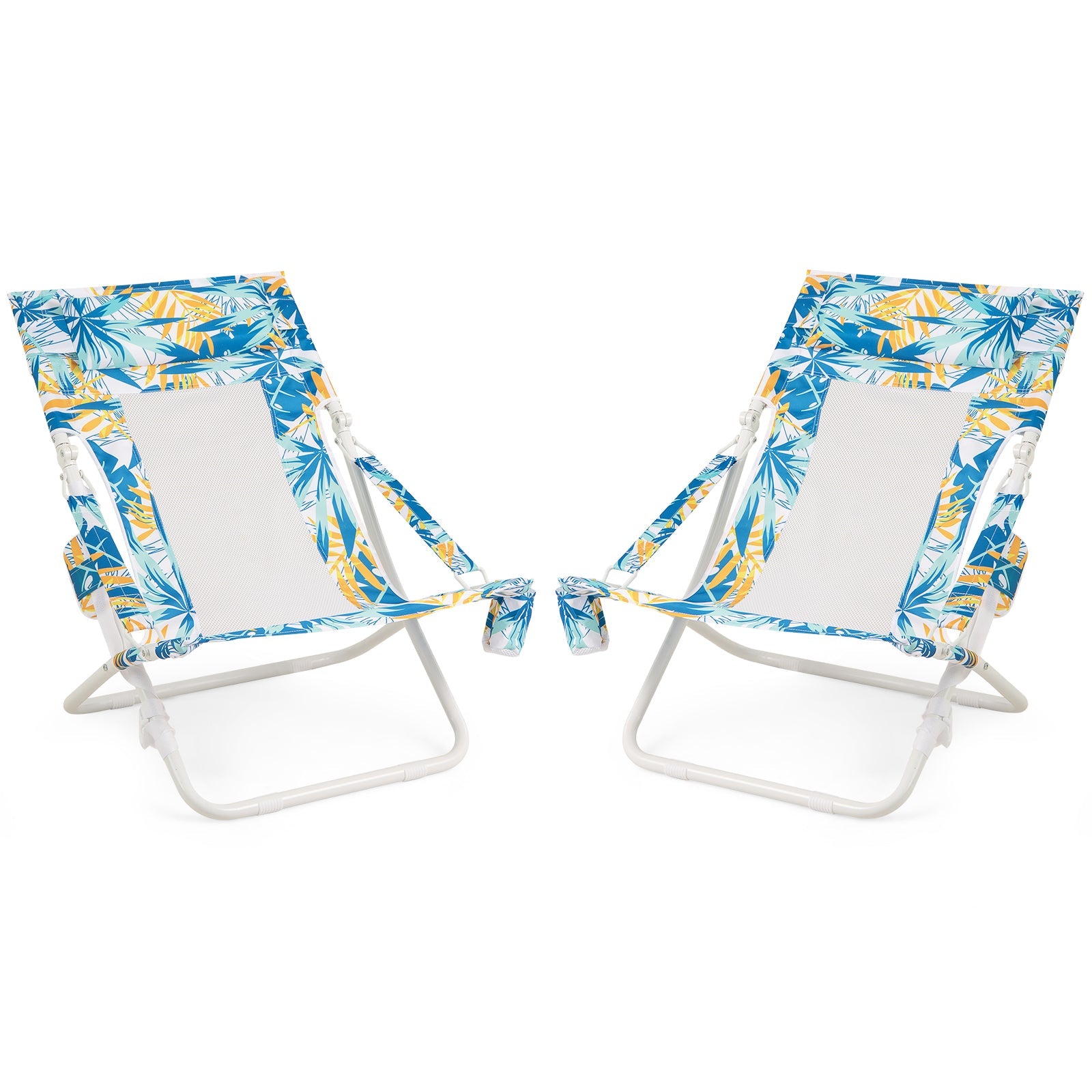 Folding Low Beach Chair, Set of 2, Patio Sling Chairs w/ Padded Head Pillow