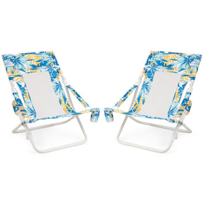 Folding Low Beach Chair, Set of 2, Patio Sling Chairs w/ Padded Head Pillow