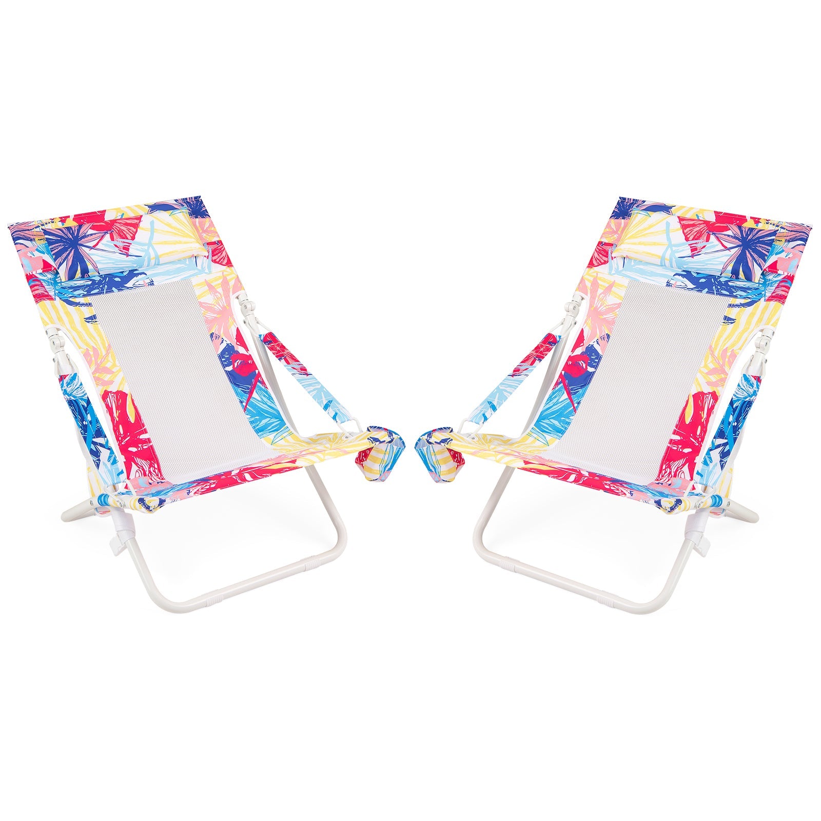 Folding Low Beach Chair, Set of 2, Patio Sling Chairs w/ Padded Head Pillow