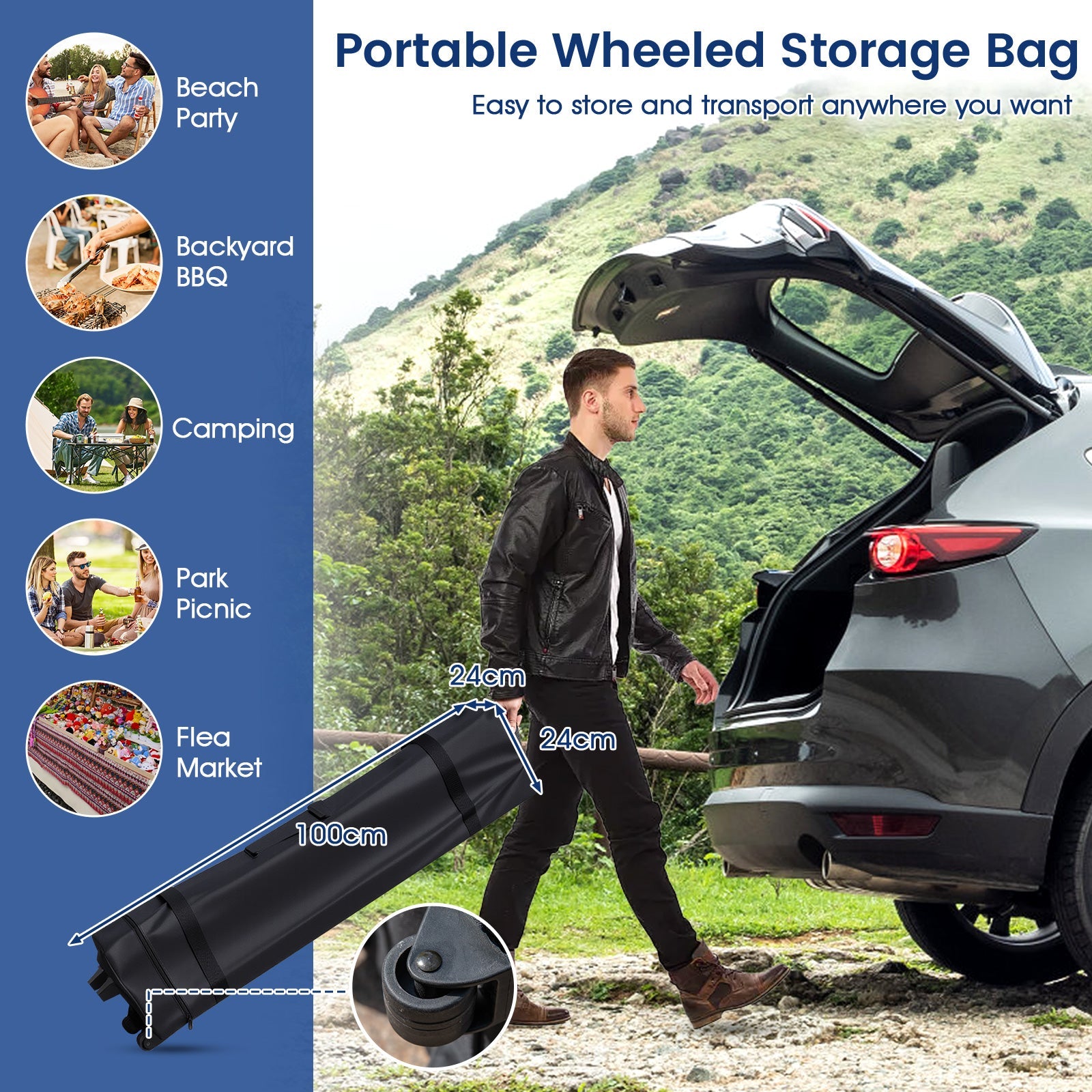 3 x 3 m Pop up Canopy Tent w/ Portable Wheeled Bag, 8 Stakes