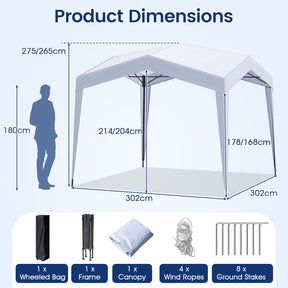 3 x 3 m Pop up Canopy Tent w/ Portable Wheeled Bag, 8 Stakes