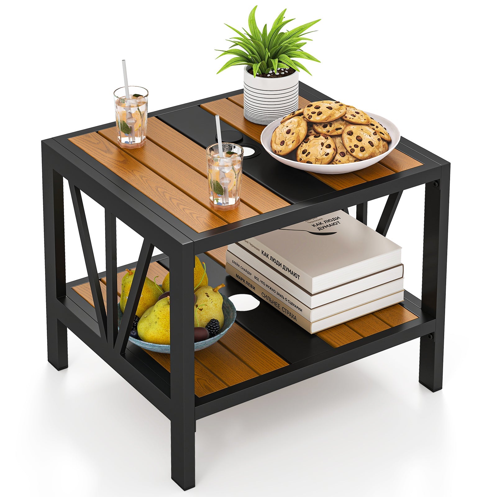 Outdoor Side Table with 4 cm Umbrella Hole, 2-Tier Patio Metal End Table
