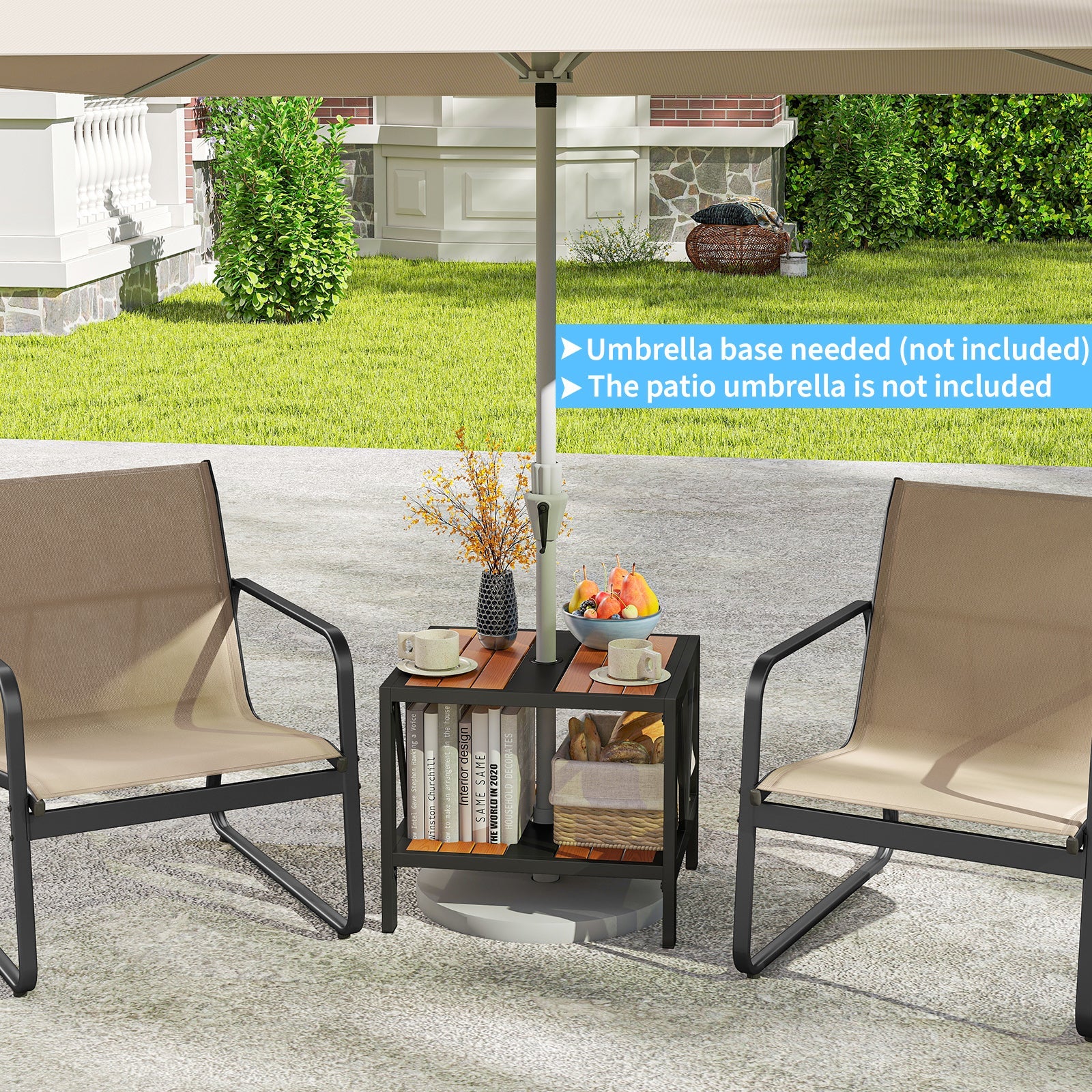 Outdoor Side Table with 4 cm Umbrella Hole, 2-Tier Patio Metal End Table