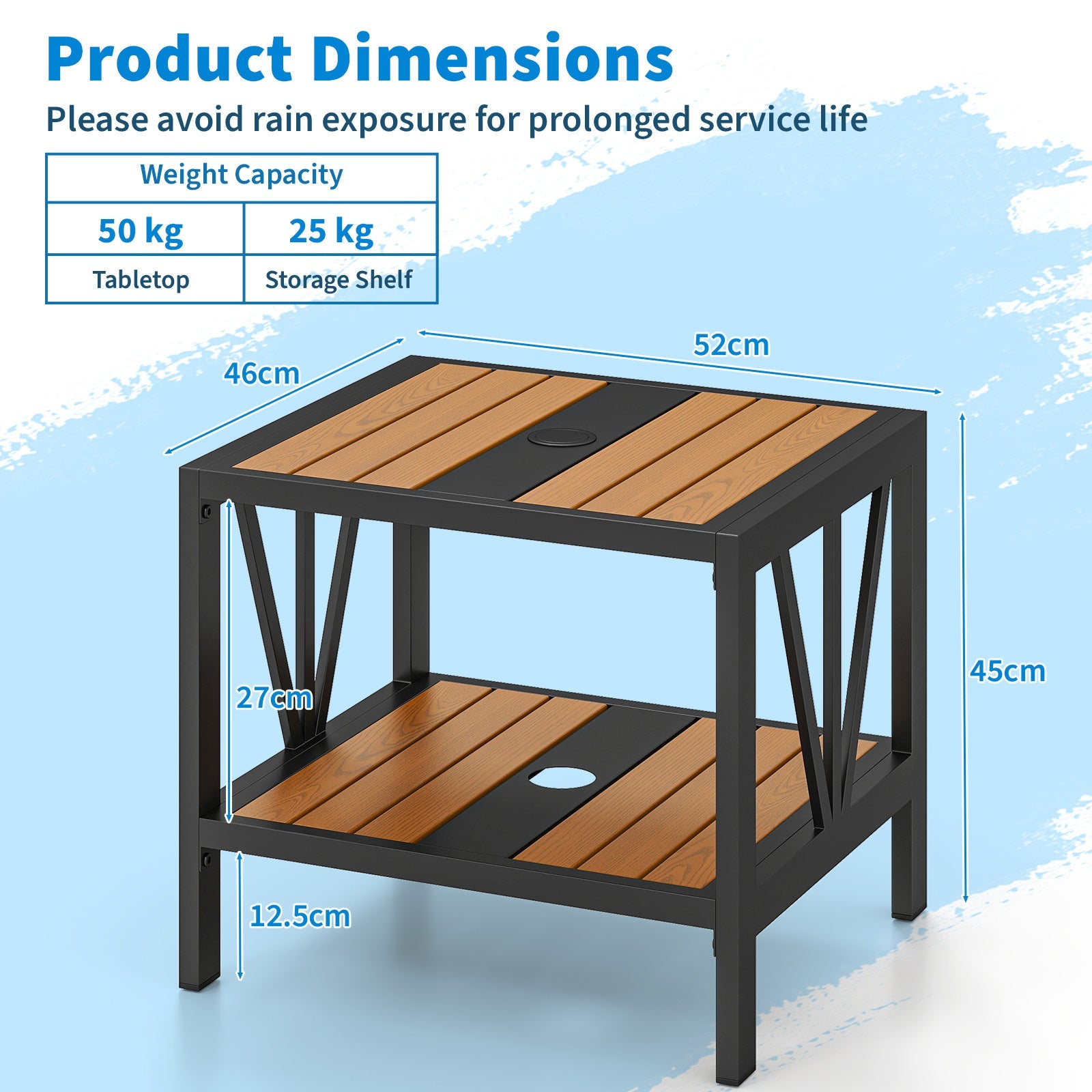 Outdoor Side Table with 4 cm Umbrella Hole, 2-Tier Patio Metal End Table