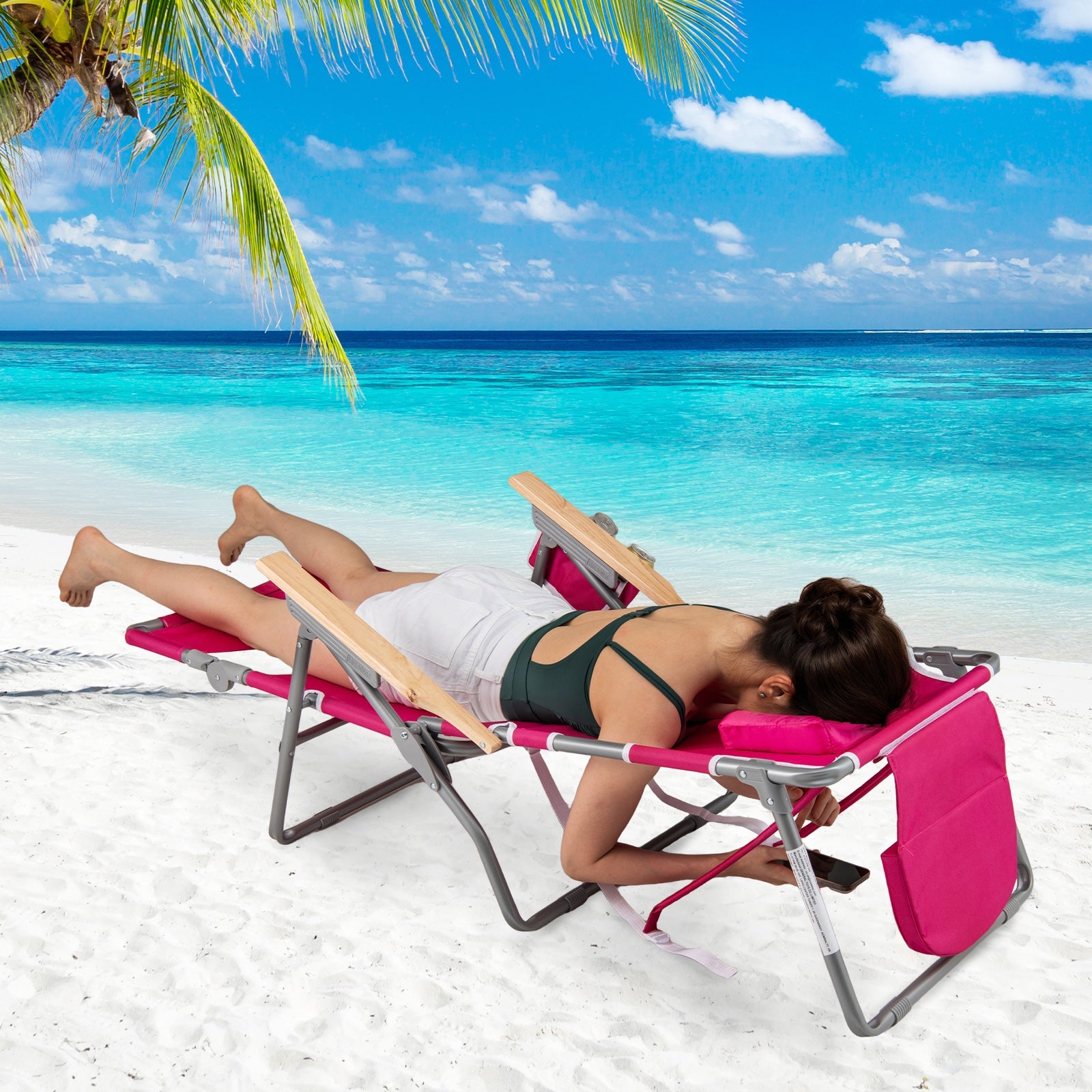 3-IN-1 Foldable Beach Chair, Lay-Flat Tanning Chair w/ Face Hole, Footrest, Adjustable Backrest
