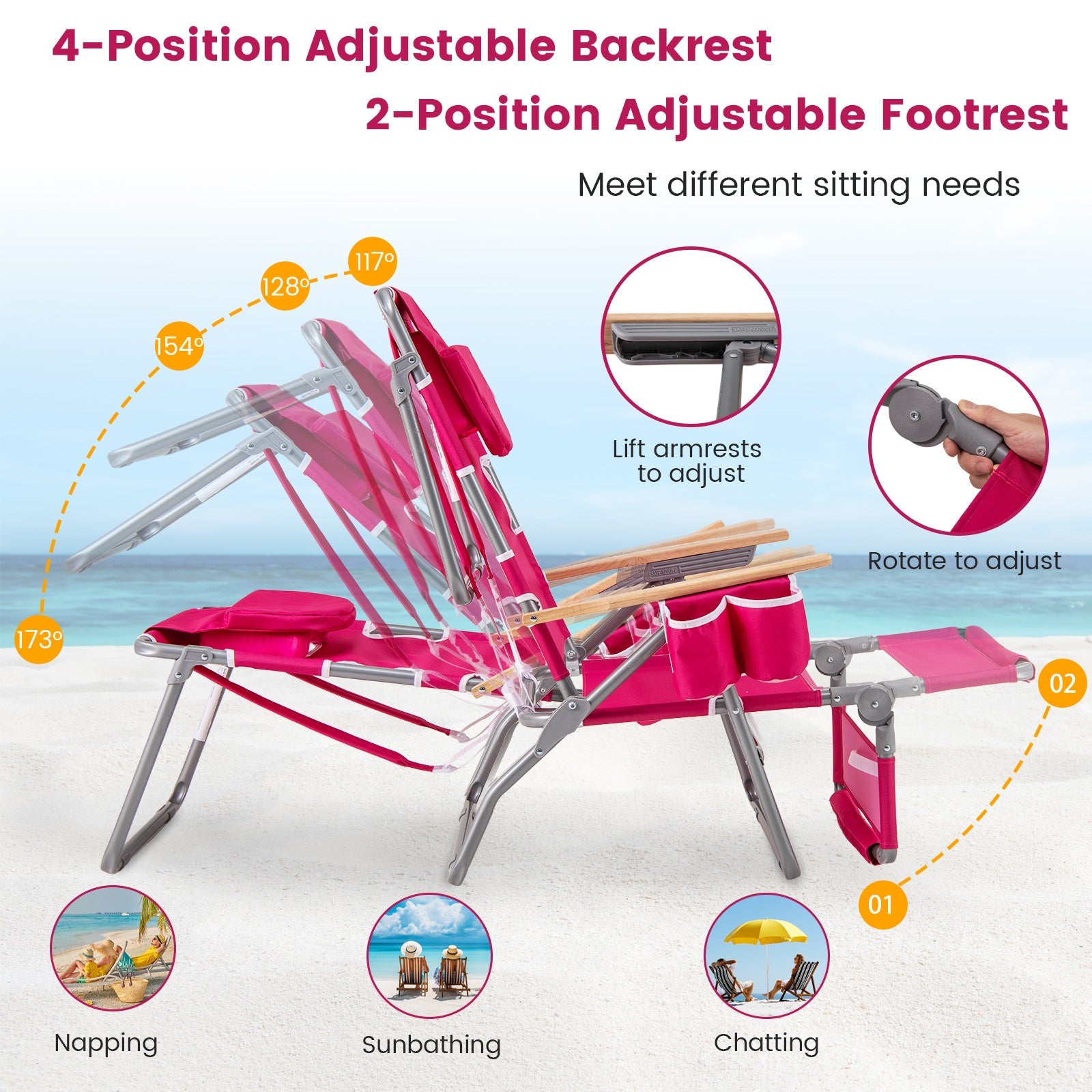 3-IN-1 Foldable Beach Chair, Lay-Flat Tanning Chair w/ Face Hole, Footrest, Adjustable Backrest