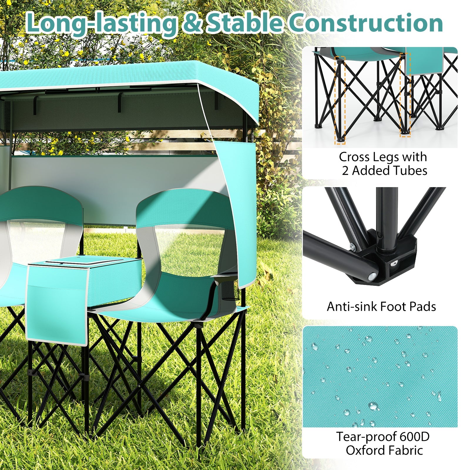 Double Beach Chair w/ Adjustable Canopy, 3 -Side Shading Curtains