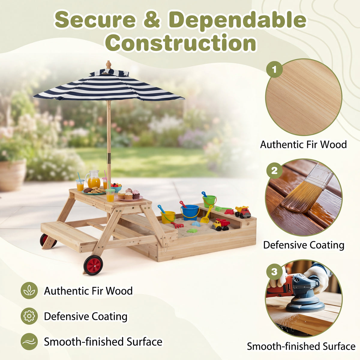 2-in-1 Wooden Sandbox with Foldable Umbrella and Convertible Picnic Table, Benches, Removable Top