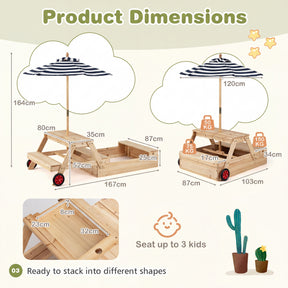 2-in-1 Wooden Sandbox with Foldable Umbrella and Convertible Picnic Table, Benches, Removable Top