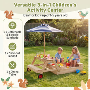 2-in-1 Wooden Sandbox with Foldable Umbrella and Convertible Picnic Table, Benches, Removable Top
