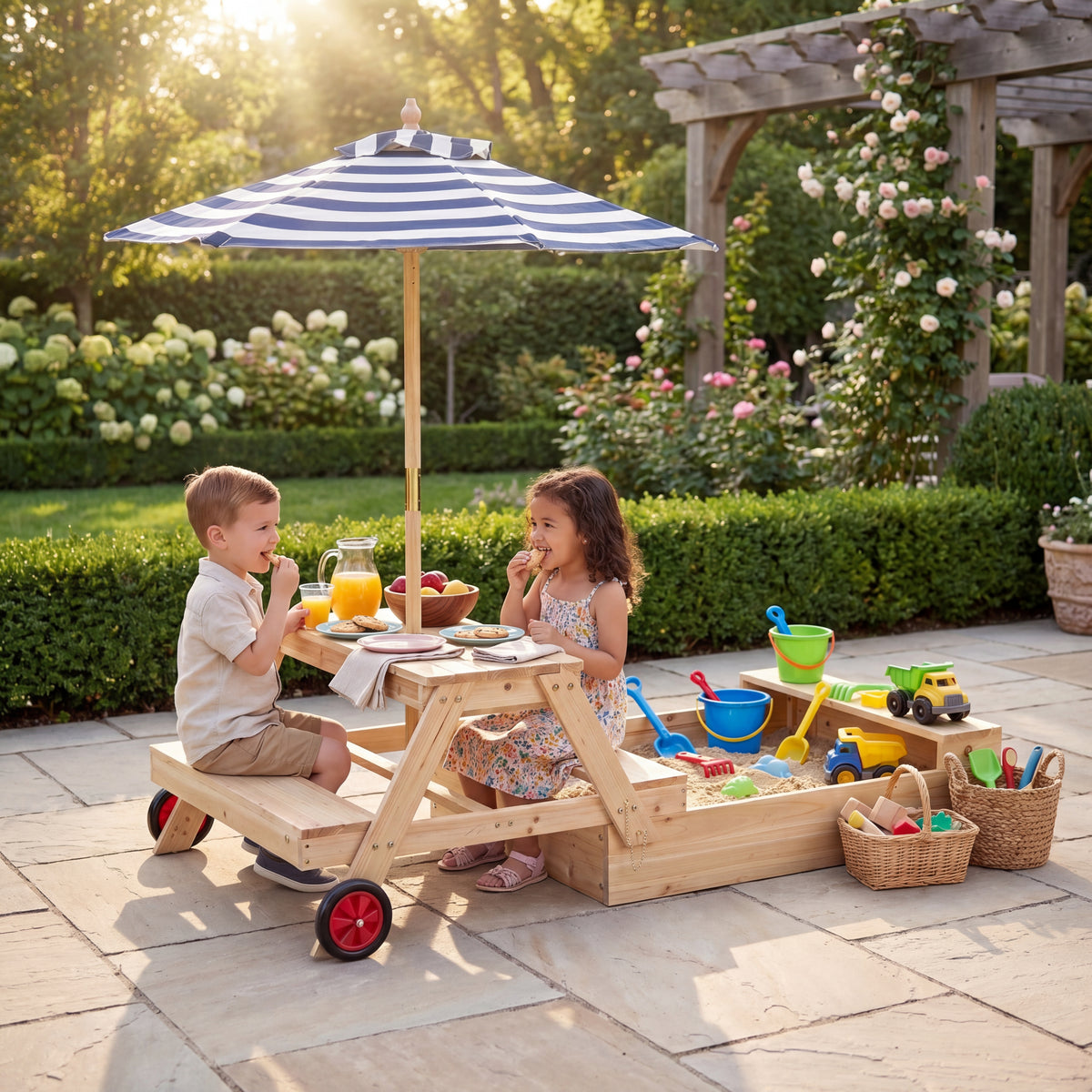 2-in-1 Wooden Sandbox with Foldable Umbrella and Convertible Picnic Table, Benches, Removable Top